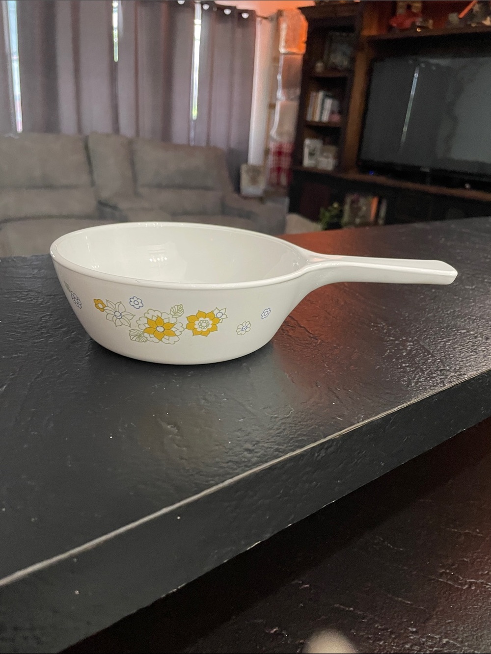 #2 Vintage Corning White Floral Bouquet Handle Casserole W/Yellow Flower Motif